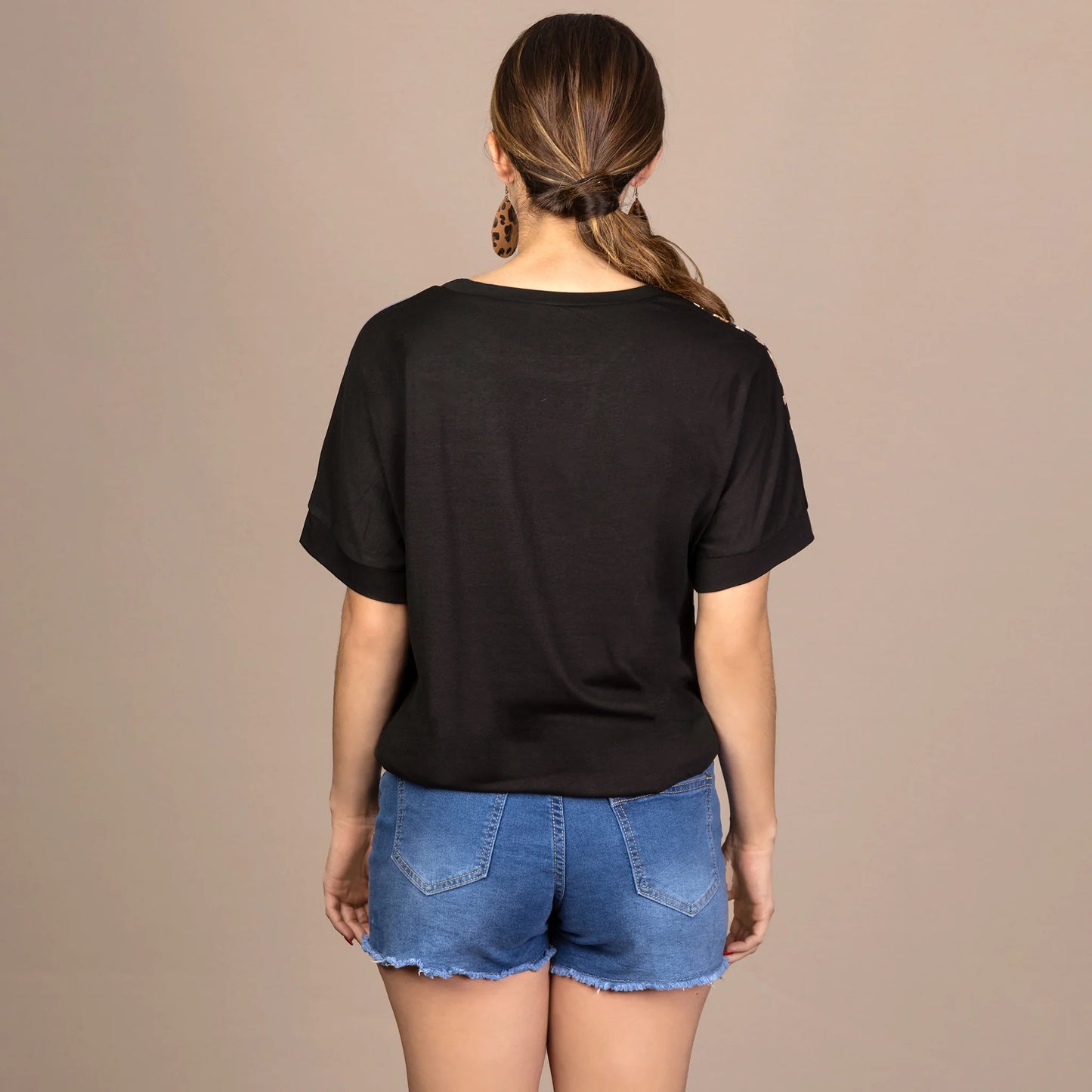 Leopard Color Block Half Sleeve Top - Turquoise