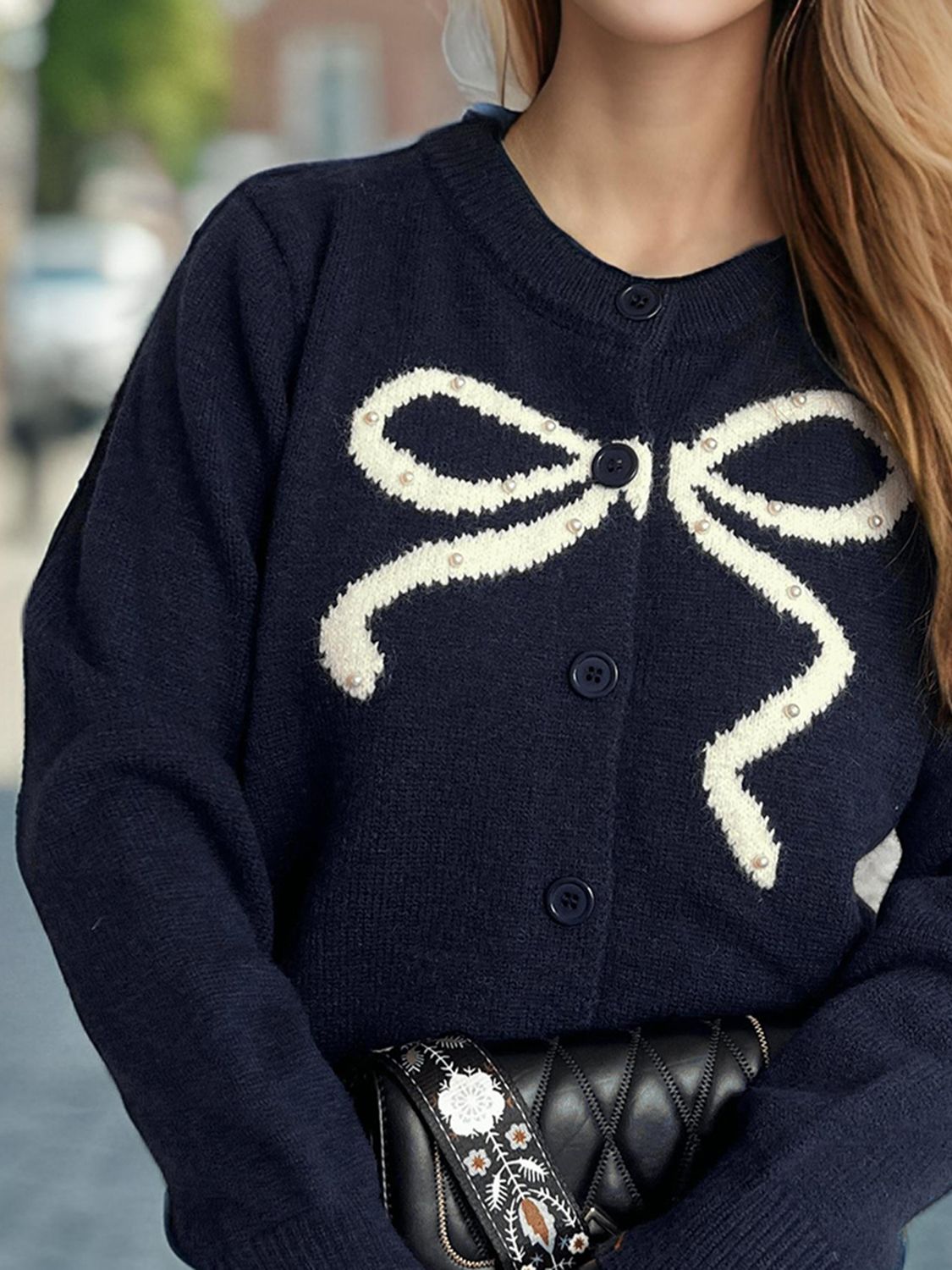 Pre-Order: Bow Button Down Round Neck Cardigan