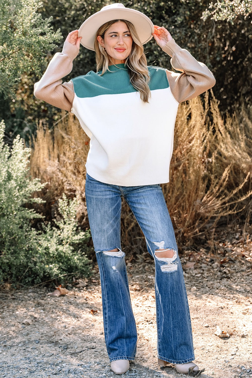 Colorblock Ribbed Knit Sweater – Green Mix