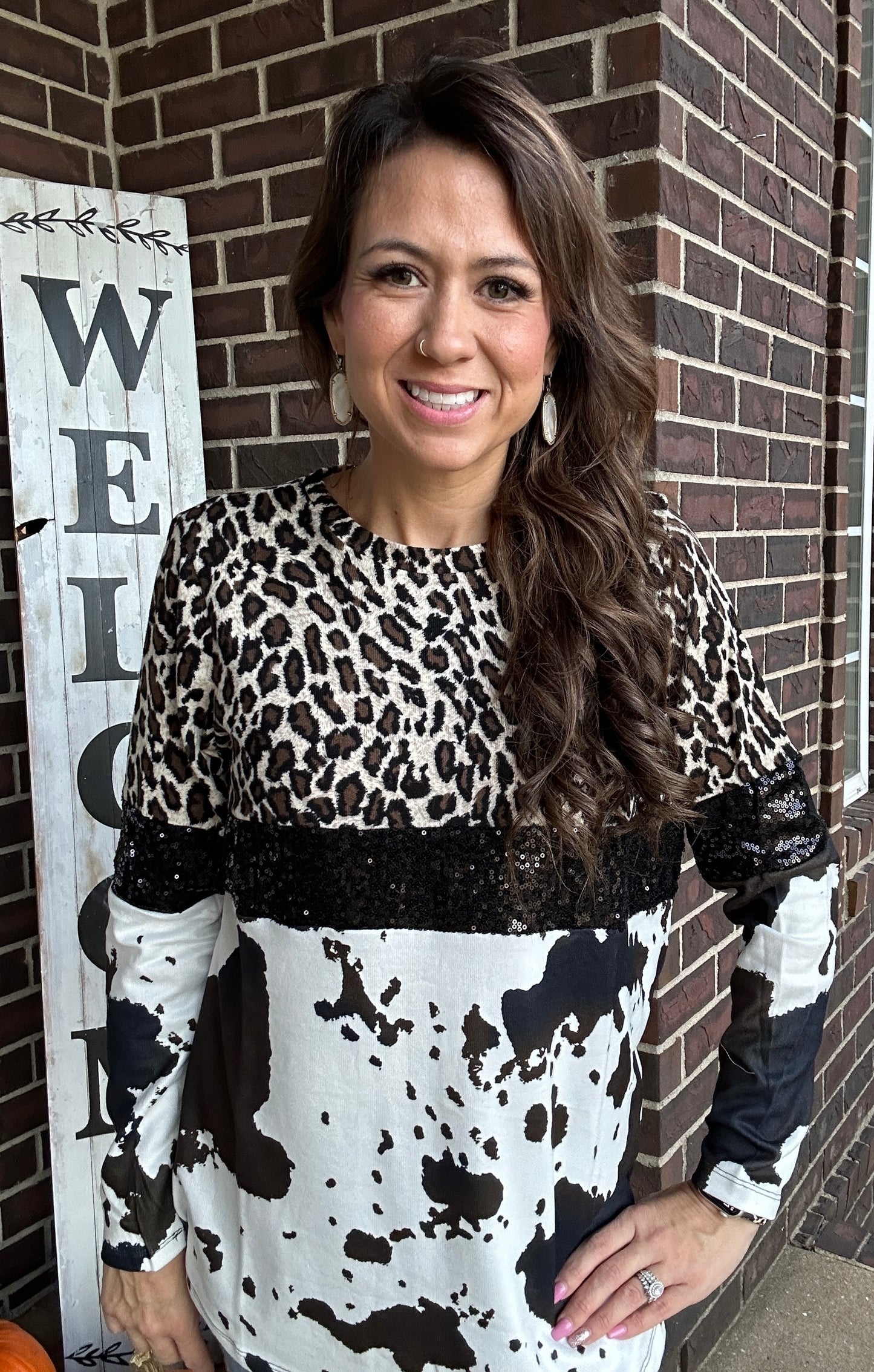 Leopard and Cowprint Sequin Long Sleeve Top