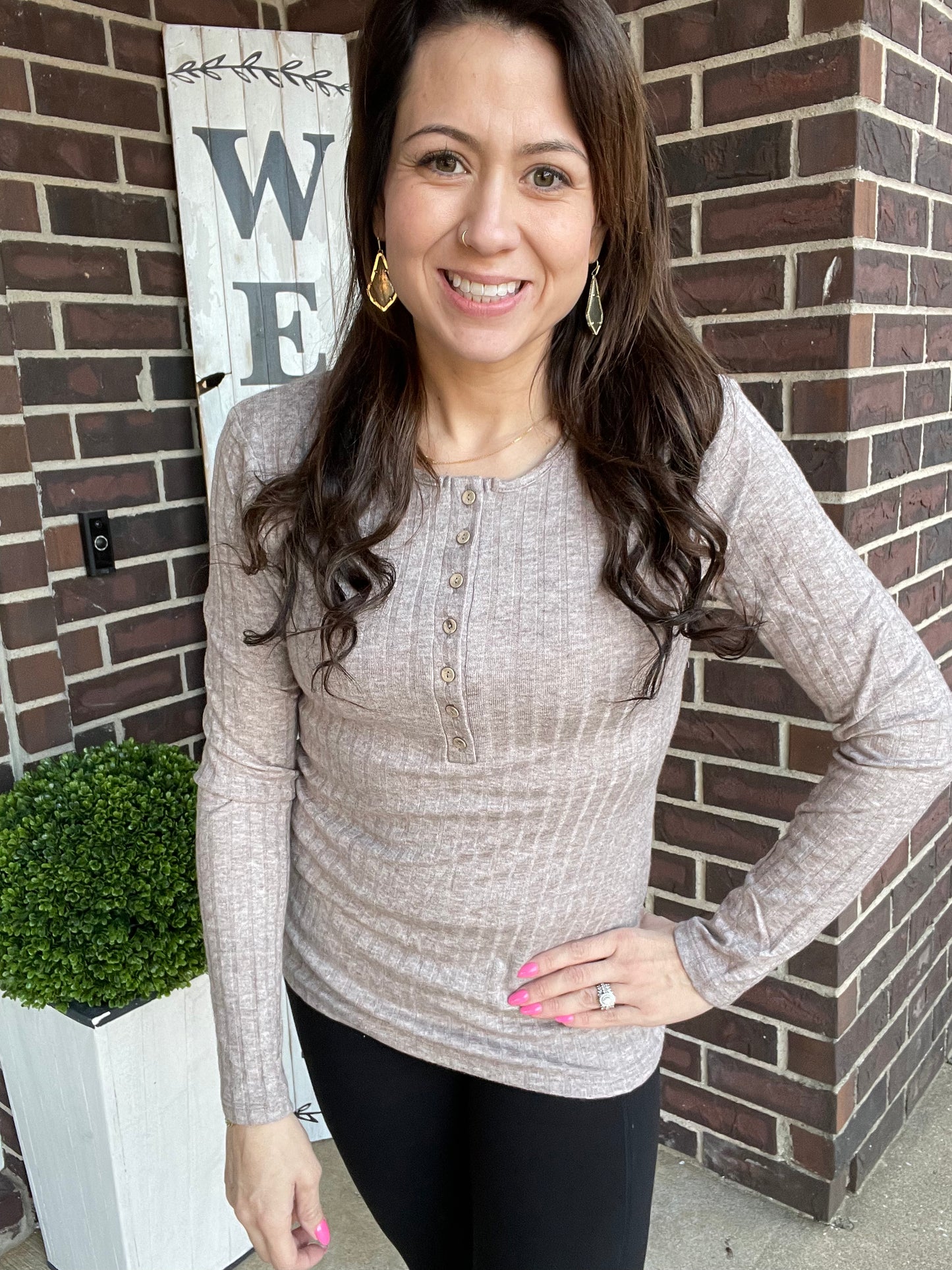 Ribbed Long Sleeve - Half Button Down Top