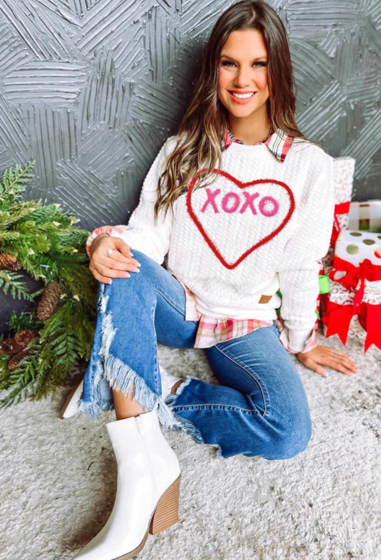 Heart XOXO Glitter Chenille Quilted Sweatshirt