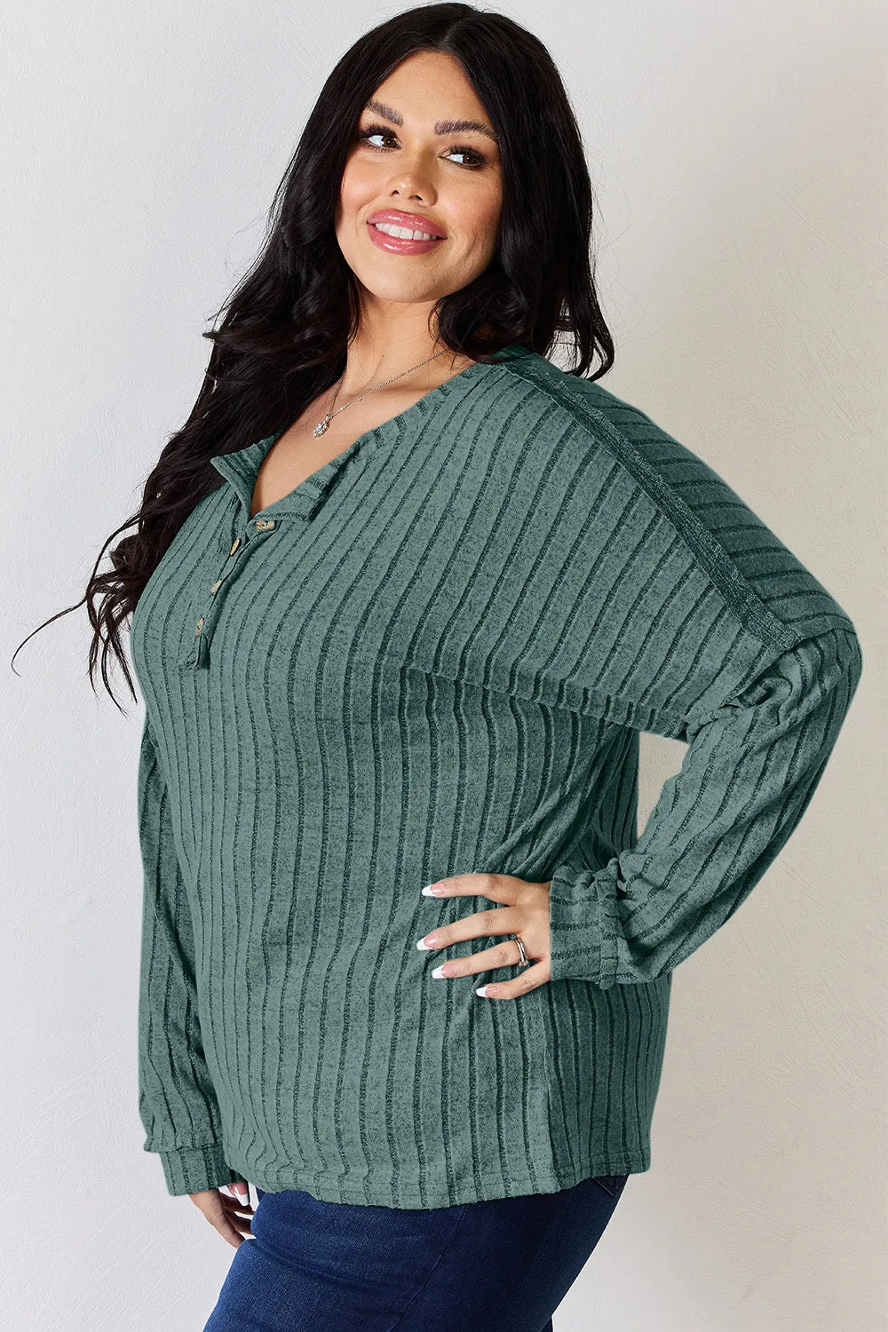 Half-Button Ribbed Long Sleeve Shirt