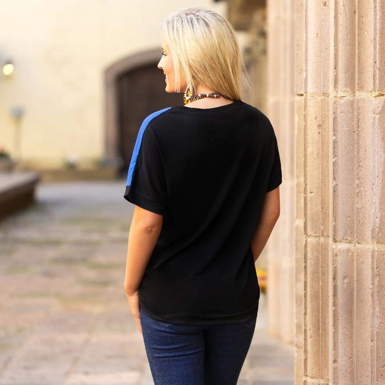 Leopard Color Block Half Sleeve Top - Royal Blue