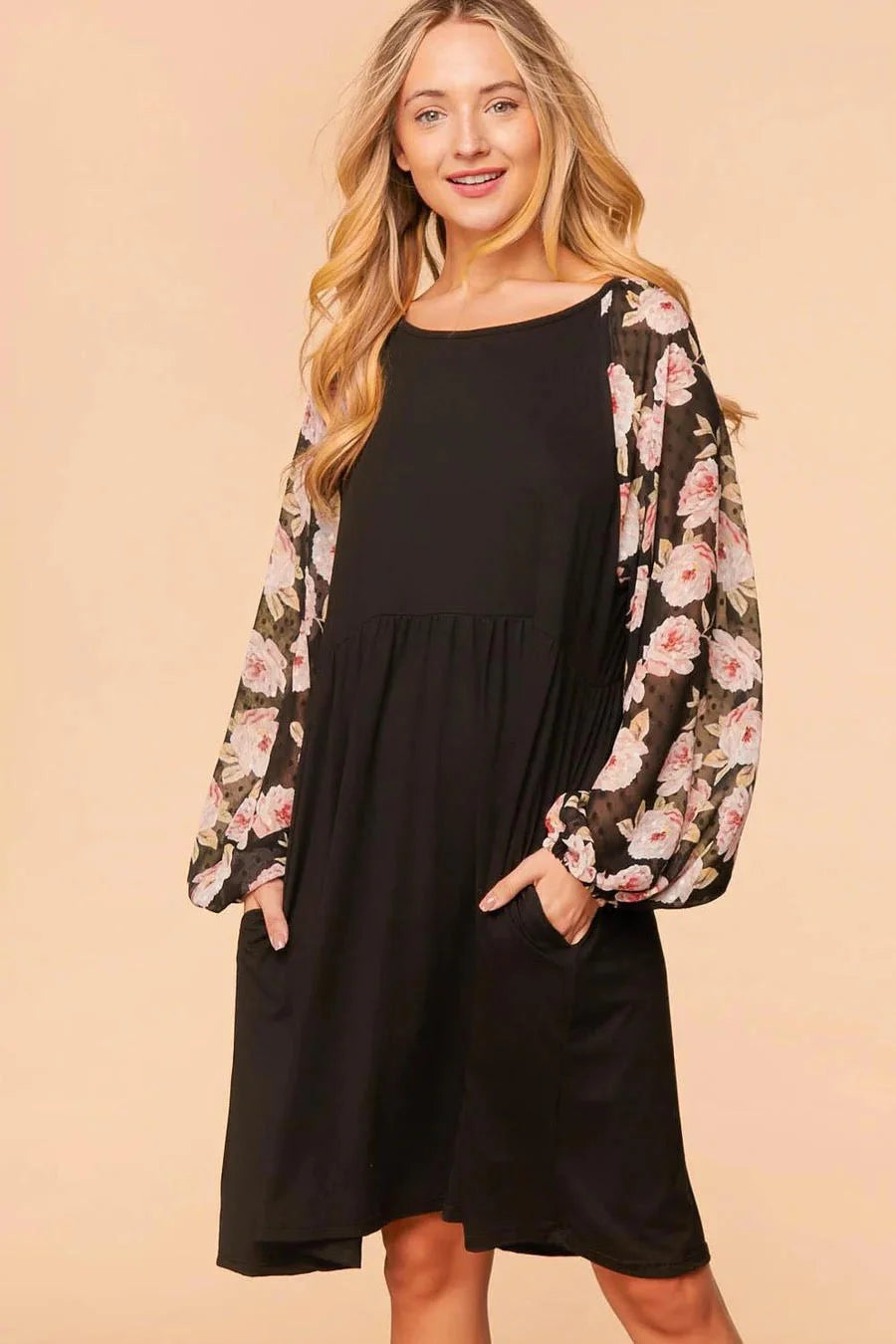 Floral Sleeve Butter Soft Fit & Flare Dress with Pockets – Black