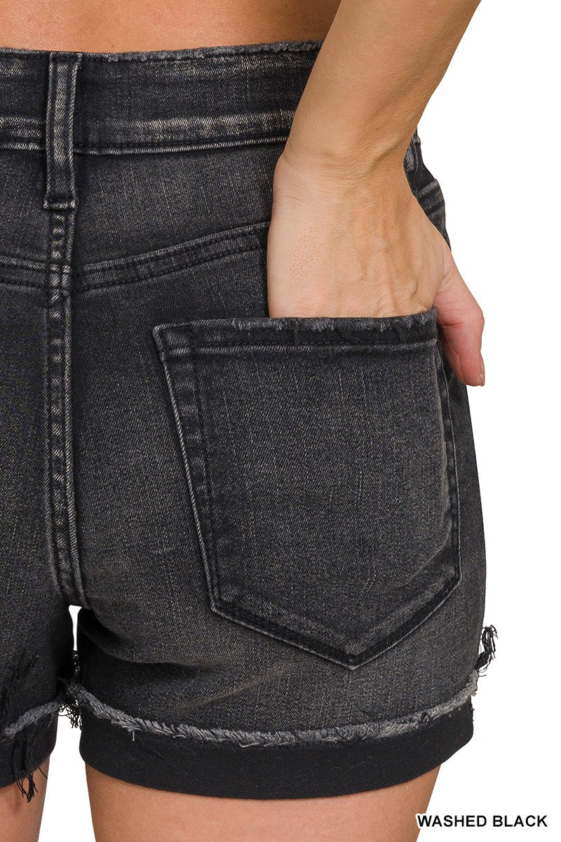 Zenana | Raw Hem Washed Black Denim Shorts