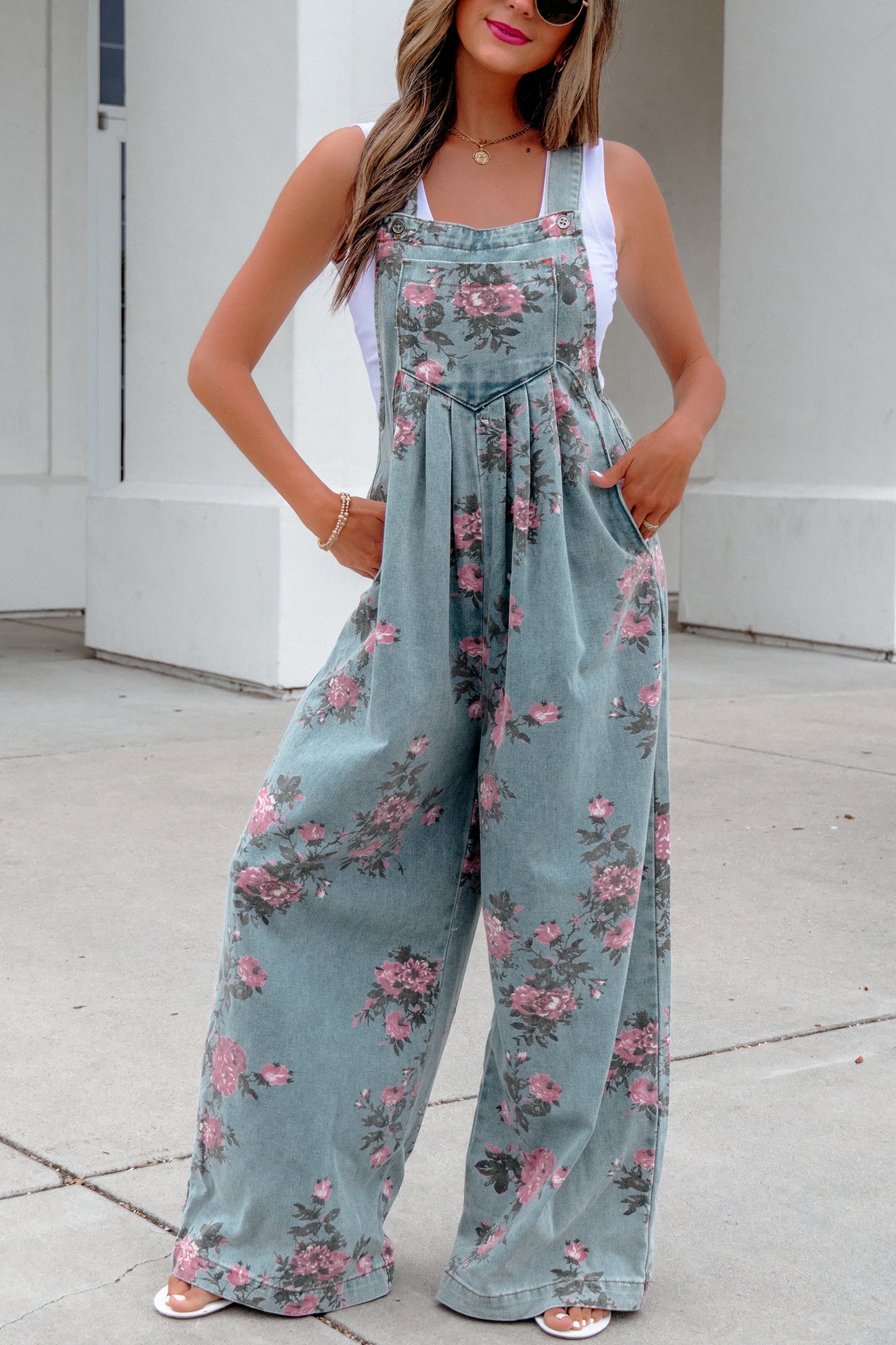 Beau Blue Floral Print Pleated High Waist Wide Leg Denim Jumpsuit