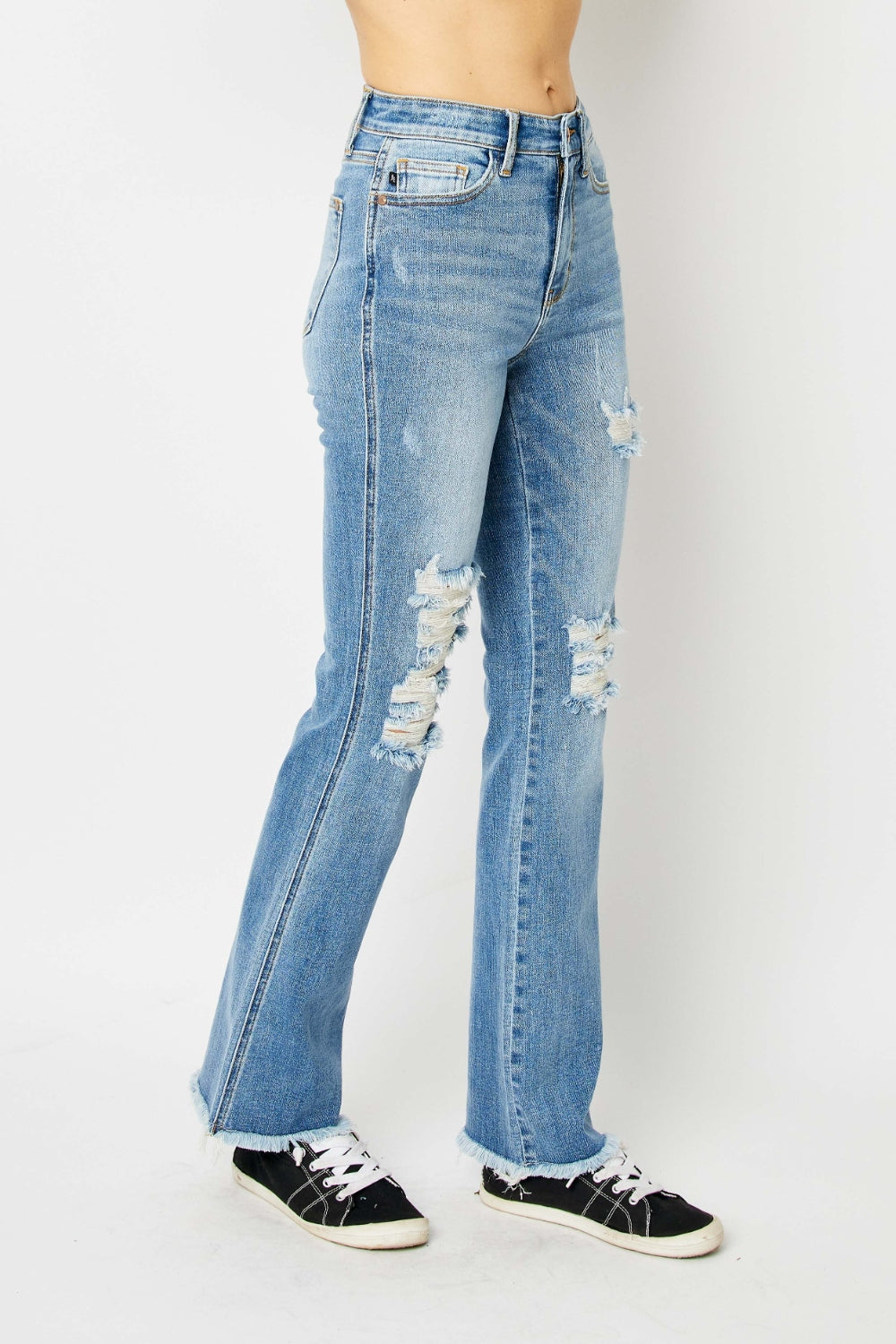 Pre-Order: Judy Blue Full Size Distressed Raw Hem Bootcut Jeans