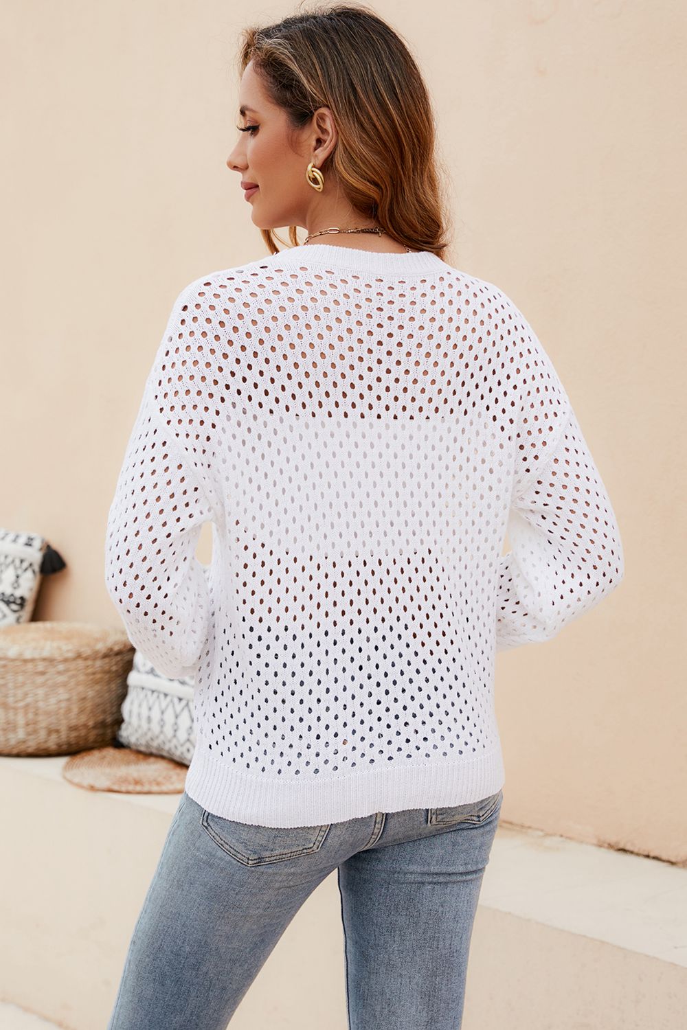 Pre-Order: Round Neck Openwork Dropped Shoulder Knit Top