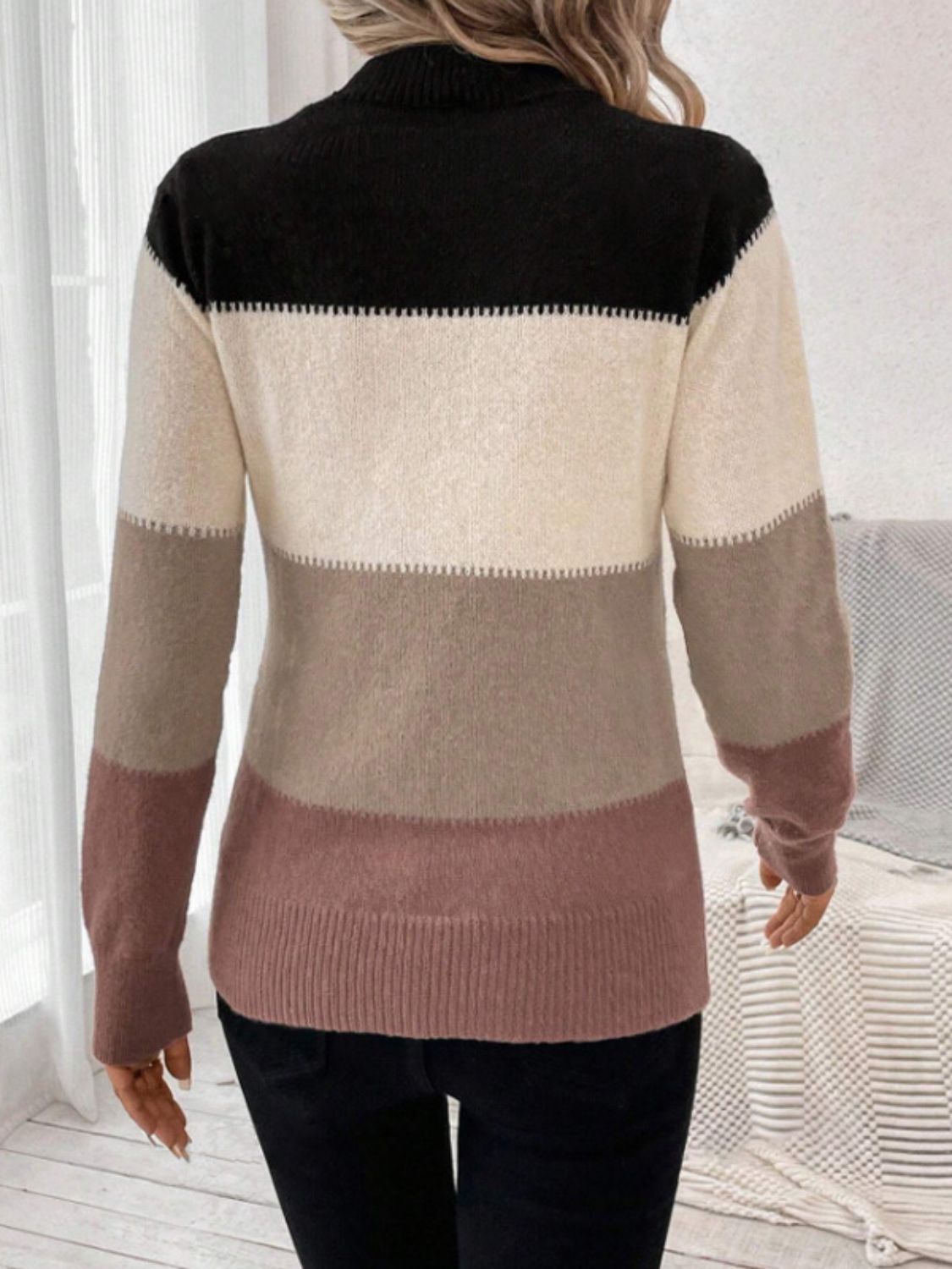 Pre-Order: Color Block Mock Neck Long Sleeve Sweater