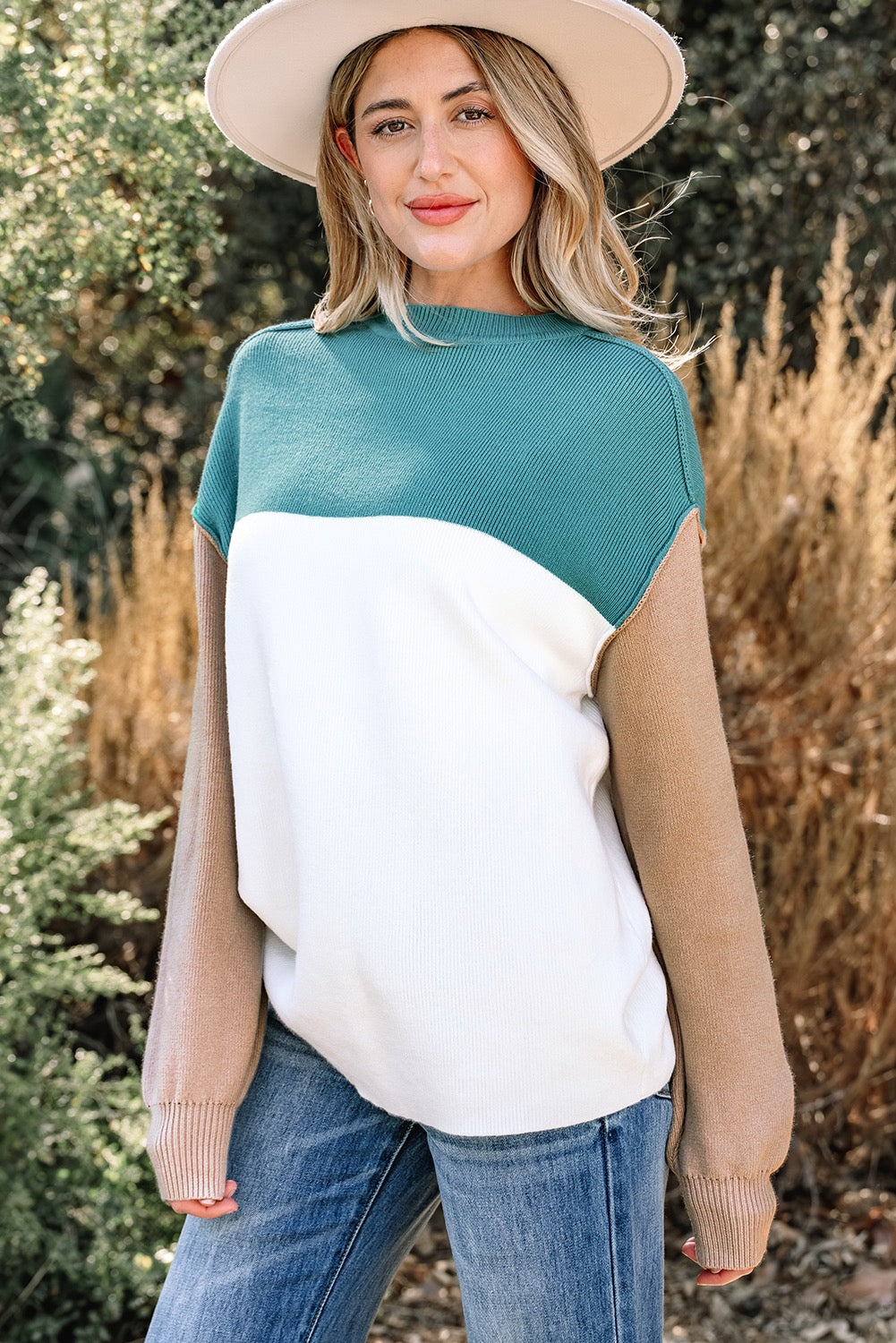 Colorblock Ribbed Knit Sweater – Green Mix