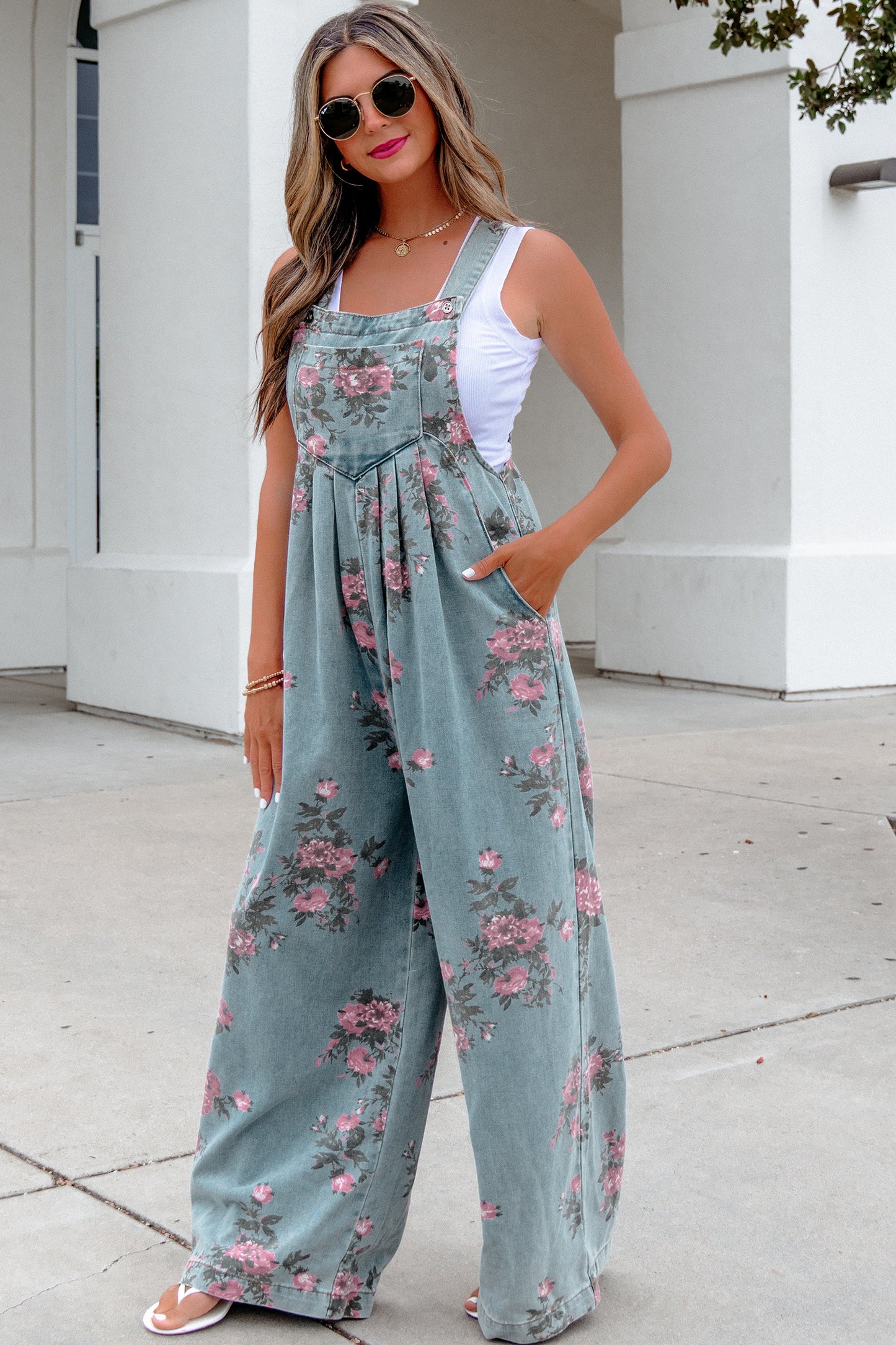 Beau Blue Floral Print Pleated High Waist Wide Leg Denim Jumpsuit