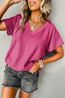 Pink Crinkled V-neck Wide Sleeve Top