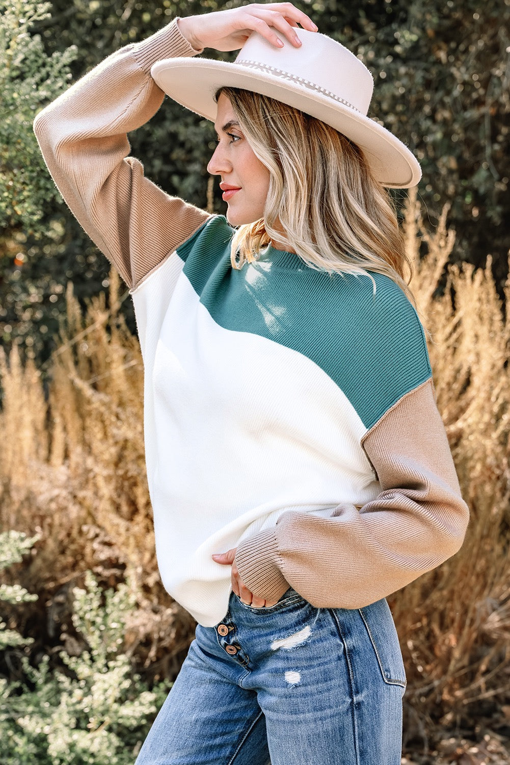 Colorblock Ribbed Knit Sweater – Green Mix