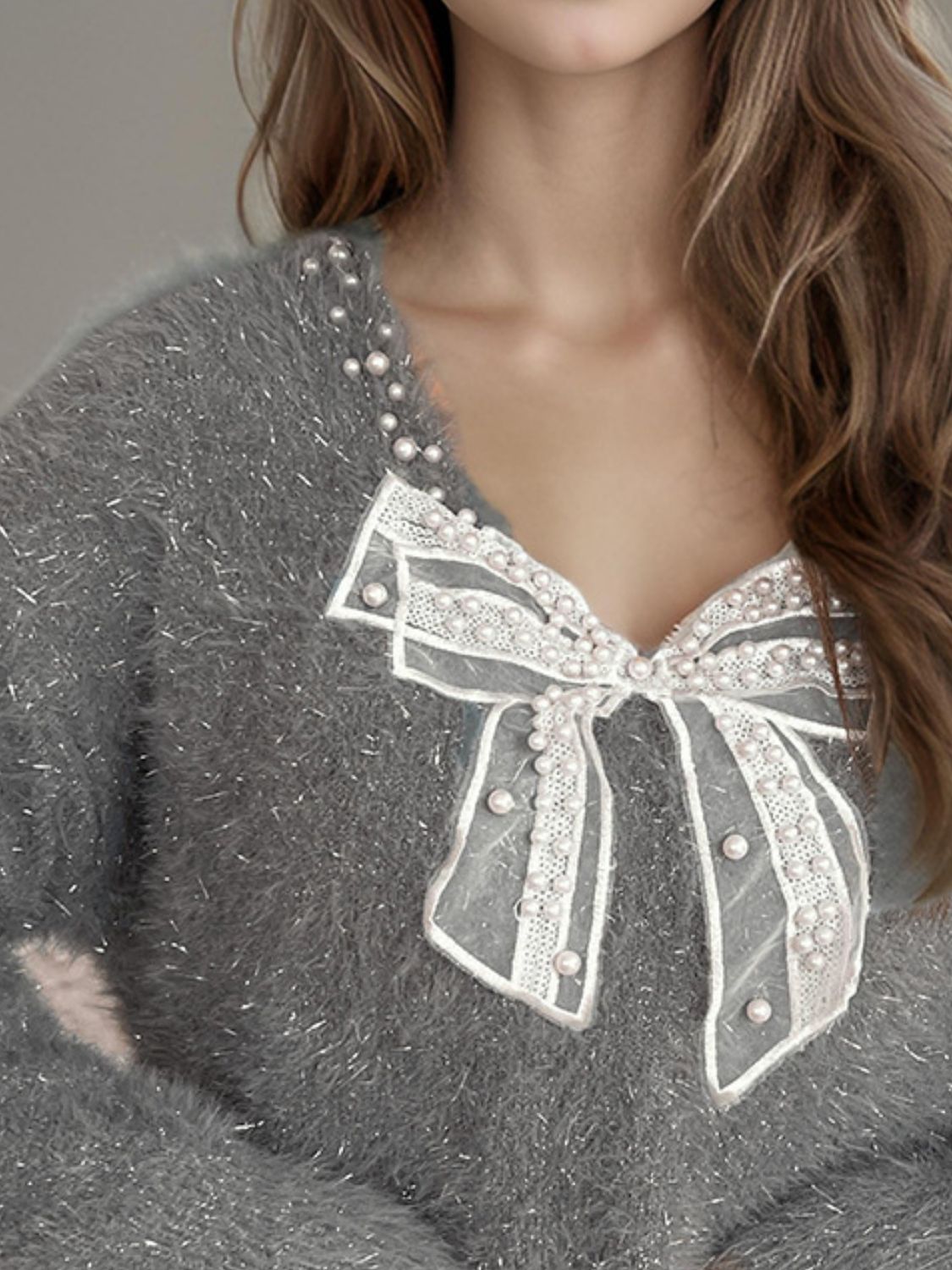 Bow Pearl Detail V-Neck Long Sleeve Sweater