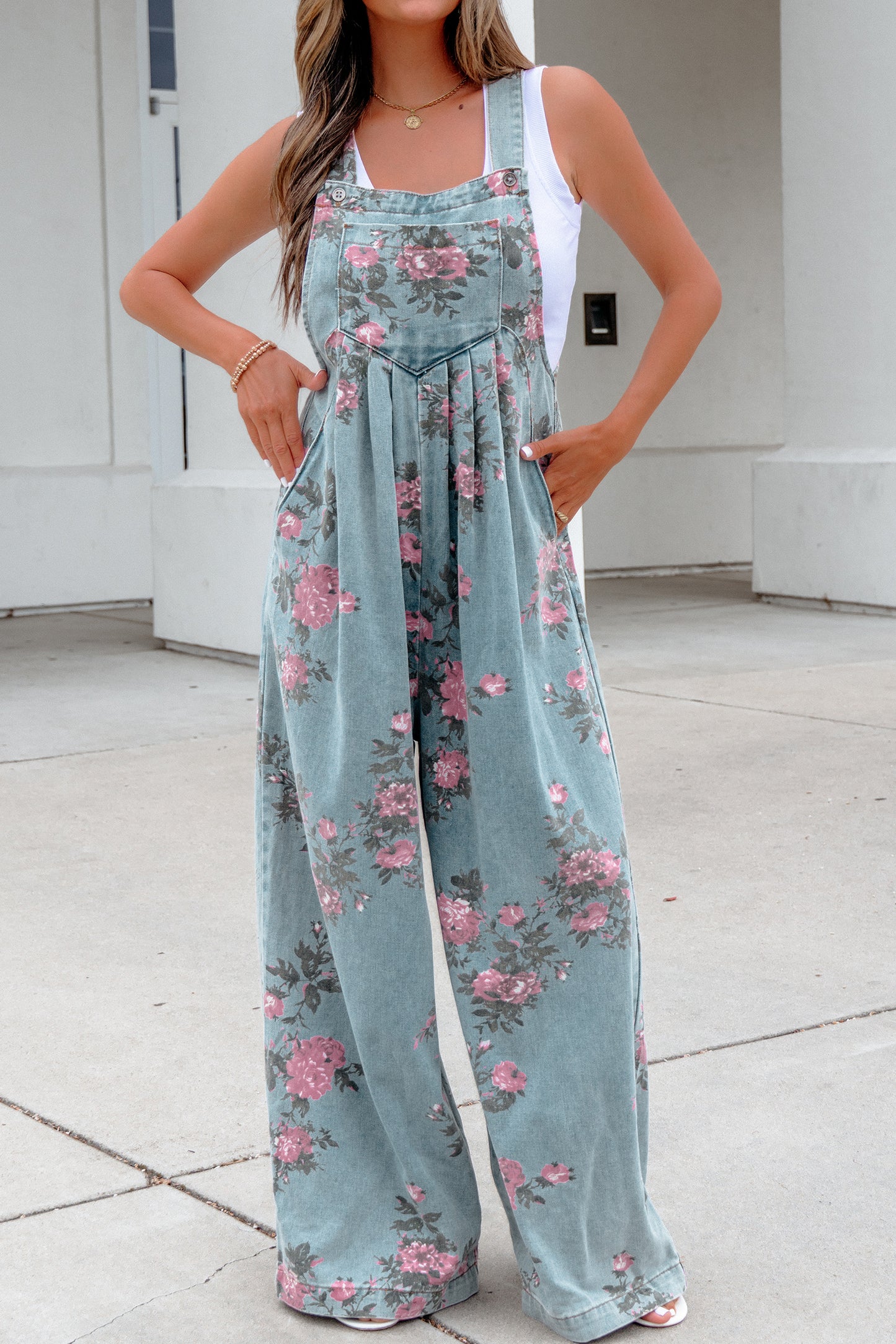 Beau Blue Floral Print Pleated High Waist Wide Leg Denim Jumpsuit