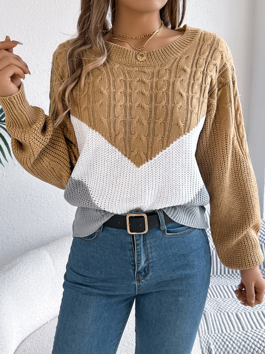 Cable-Knit Color Block Round Neck Sweater