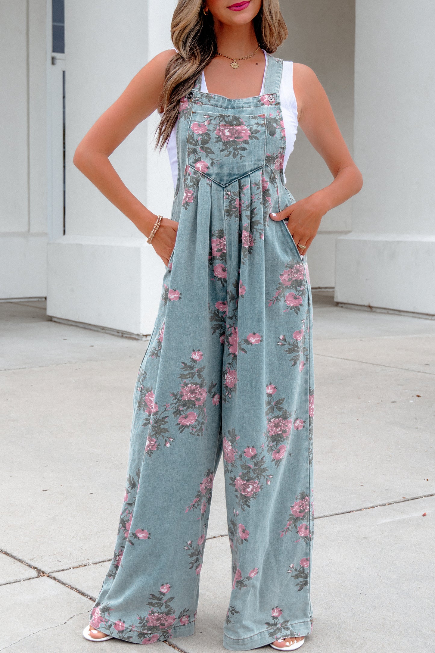 Beau Blue Floral Print Pleated High Waist Wide Leg Denim Jumpsuit