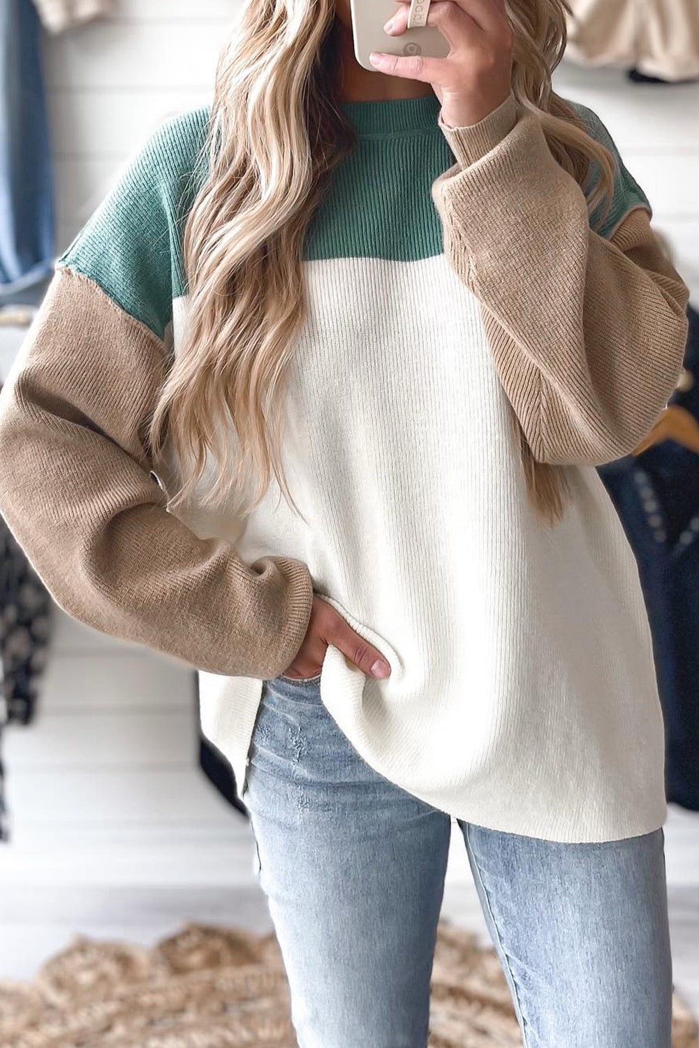 Colorblock Ribbed Knit Sweater – Green Mix