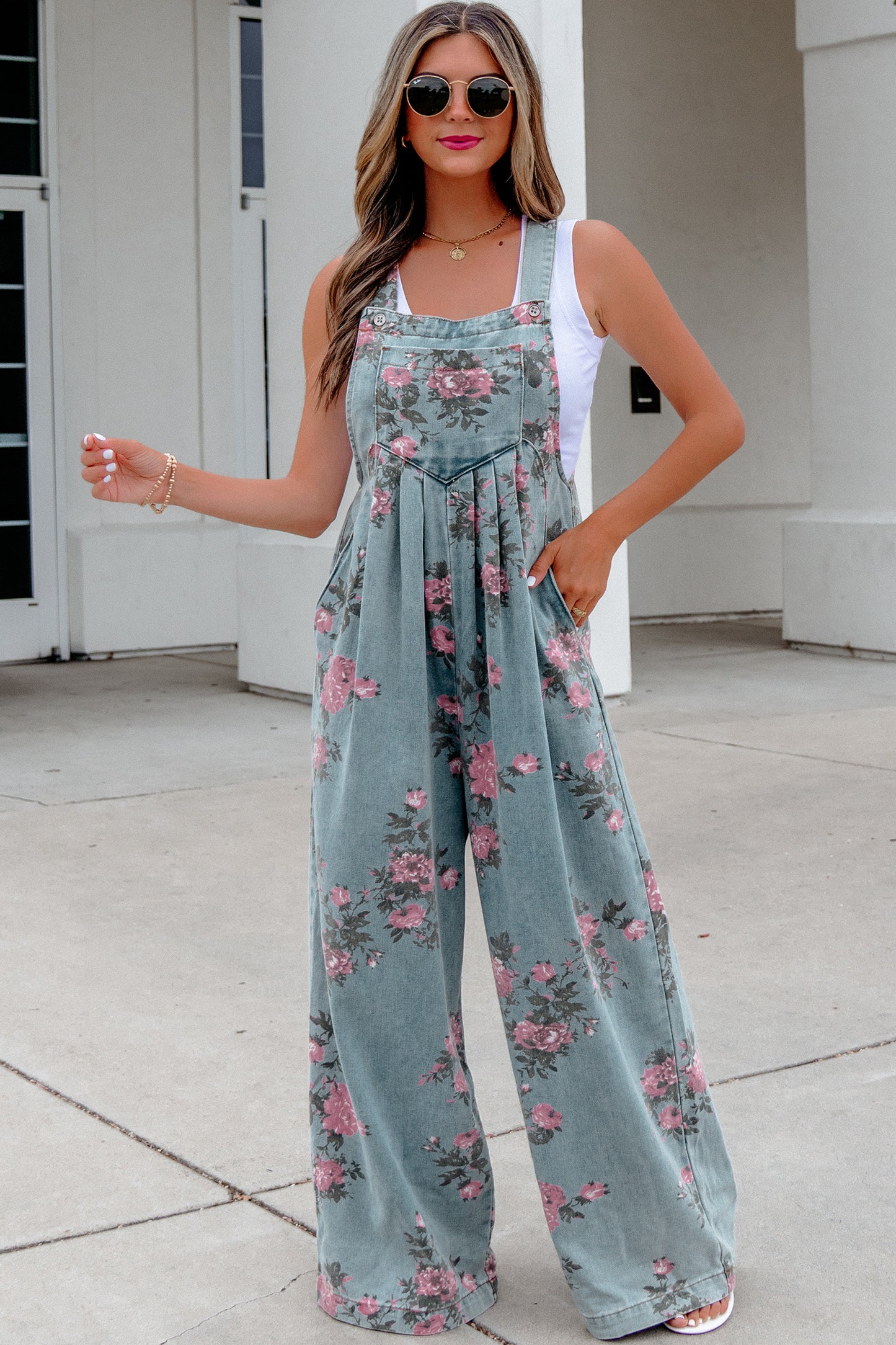 Beau Blue Floral Print Pleated High Waist Wide Leg Denim Jumpsuit