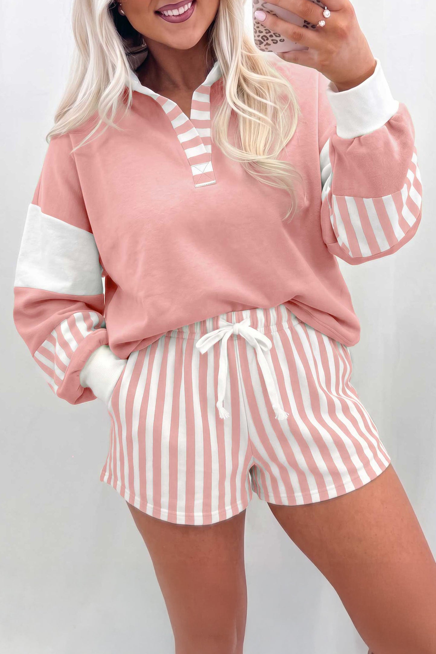 Smoke Green Striped Color Block Pullover Top Drawstring Shorts Set