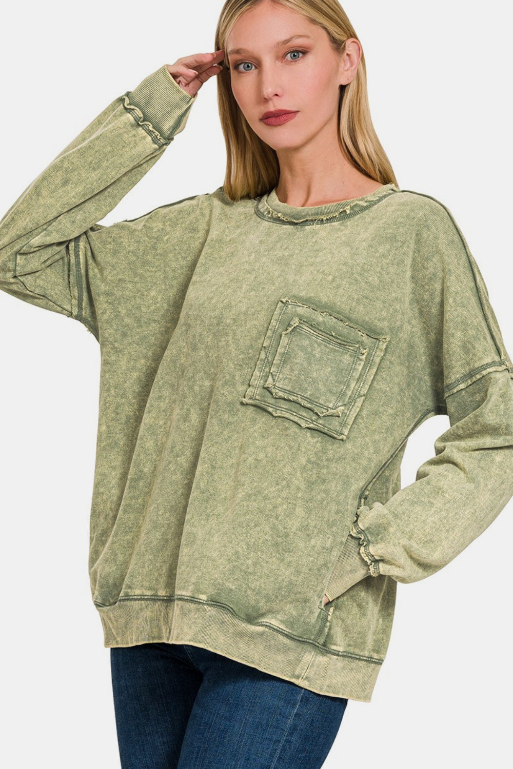 Preorder: Zenana Exposed Seam Round Neck Dropped Shoulder Sweatshirt