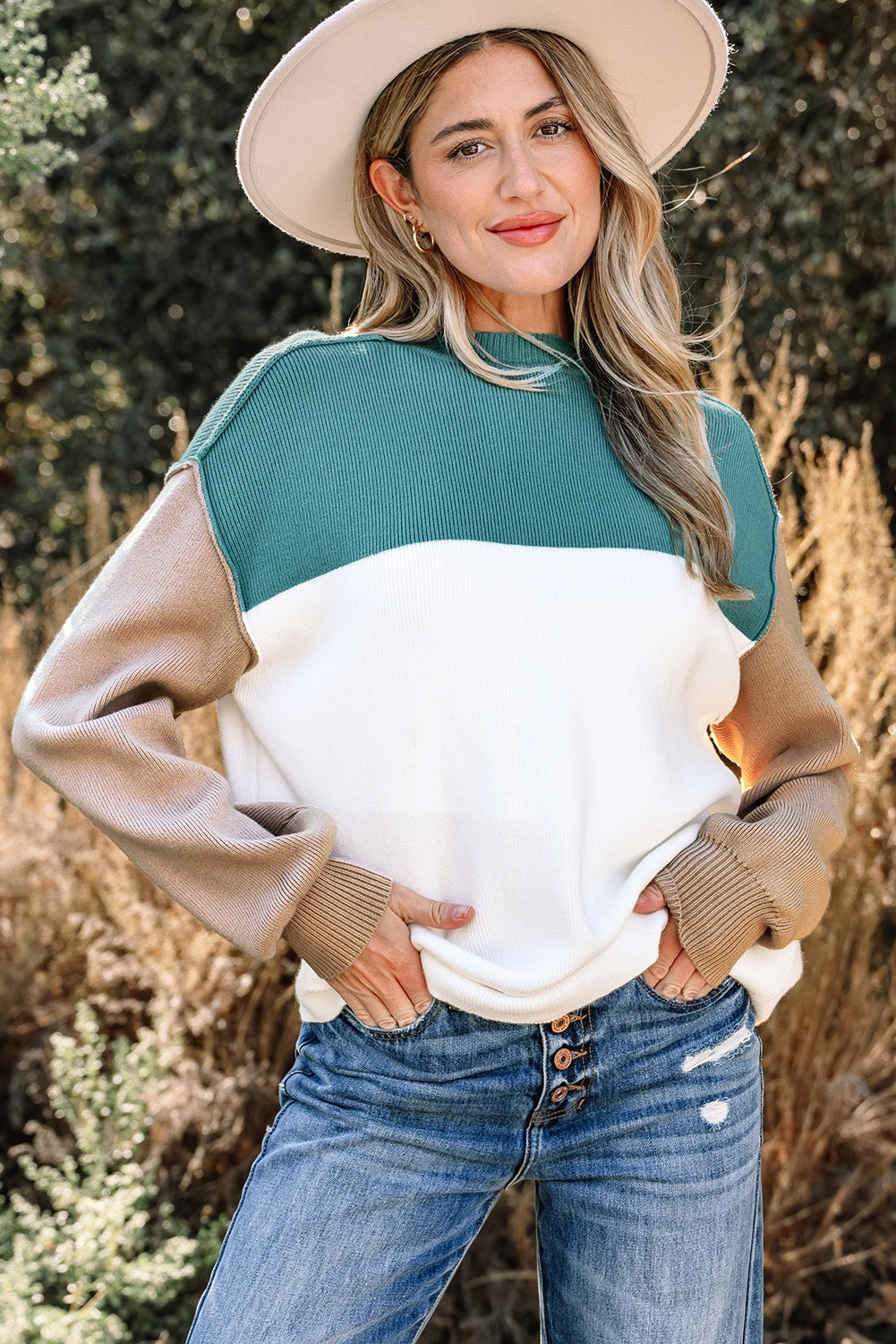 Colorblock Ribbed Knit Sweater – Green Mix