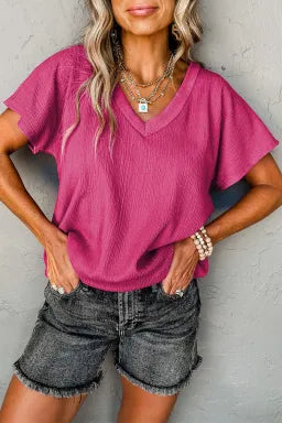 Pink Crinkled V-neck Wide Sleeve Top