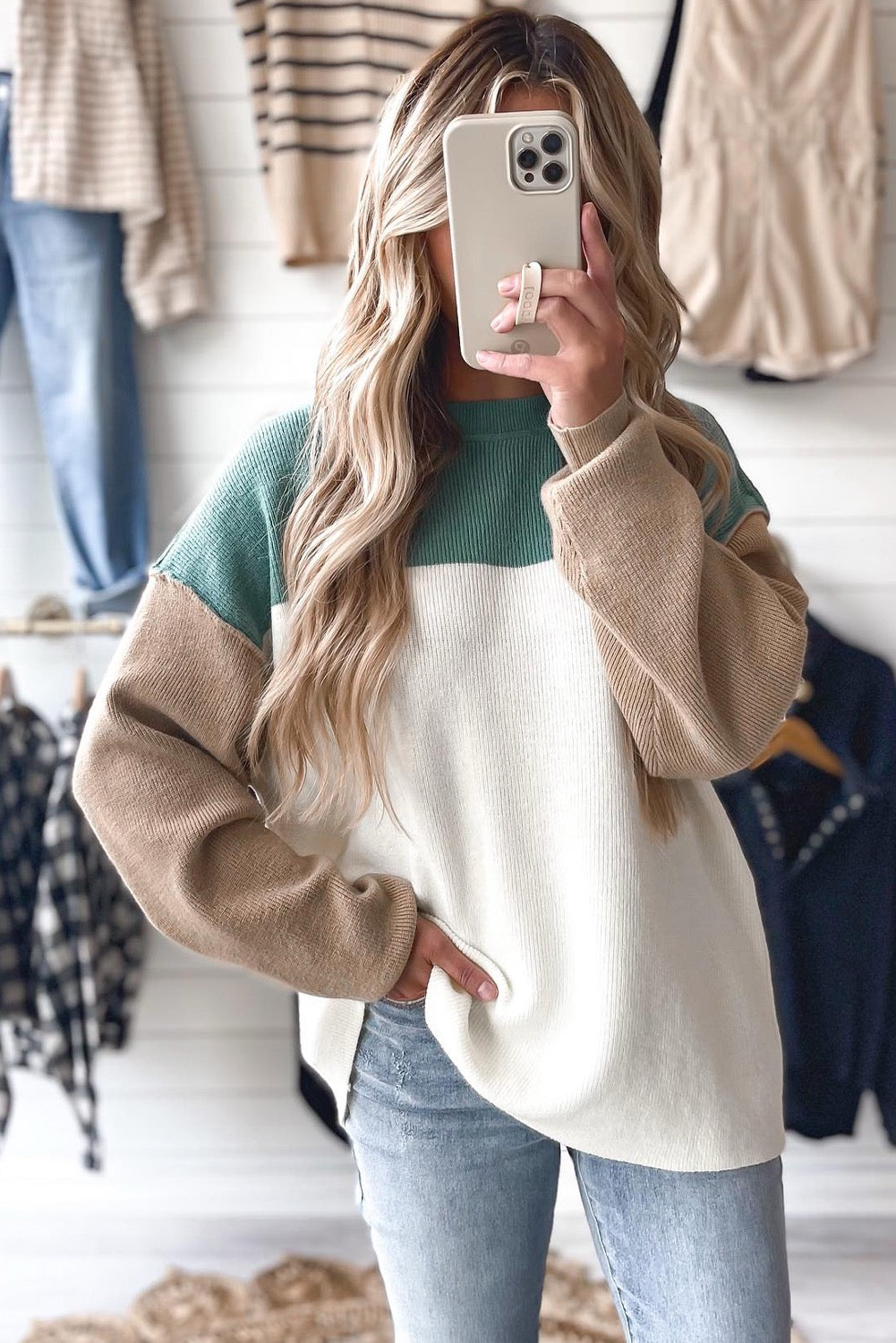 Colorblock Ribbed Knit Sweater – Green Mix