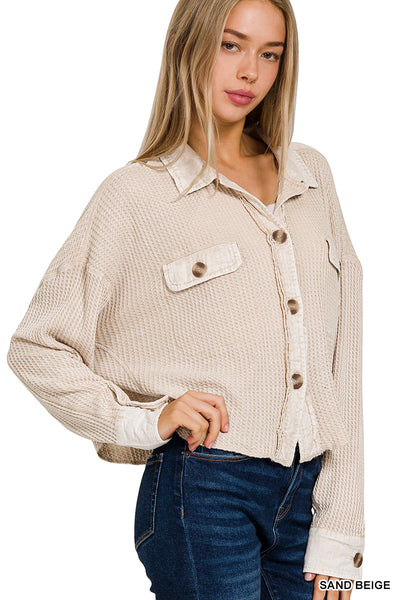 Acid Wash Oversized Cotton Waffle Shacket - Zenana