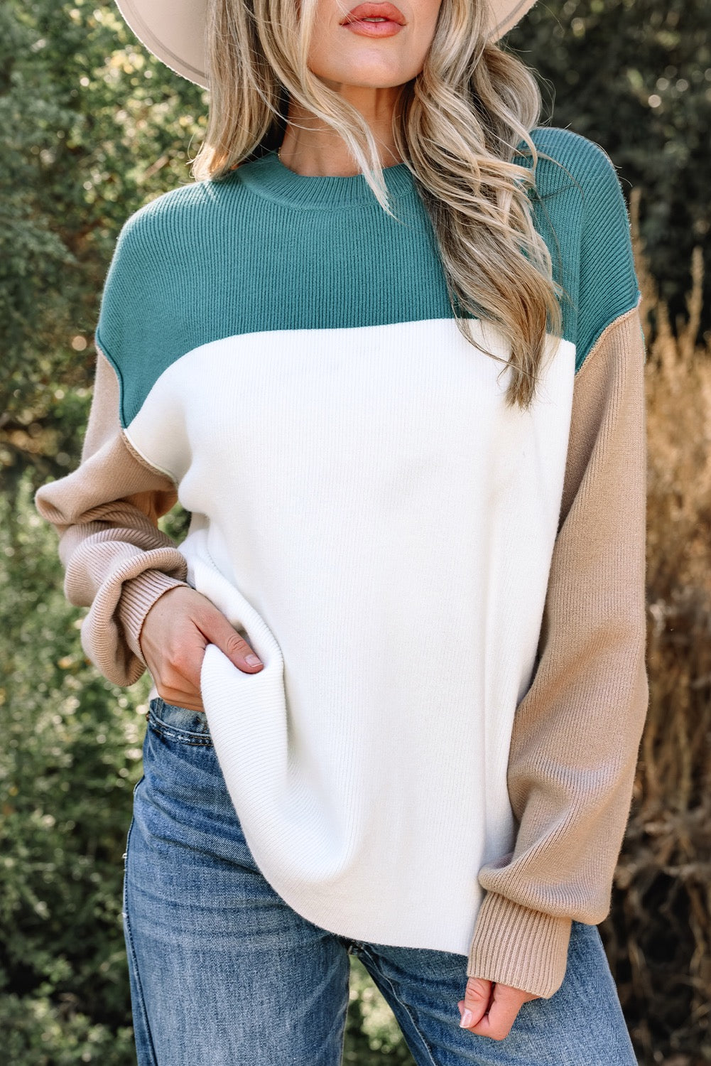 Colorblock Ribbed Knit Sweater – Green Mix
