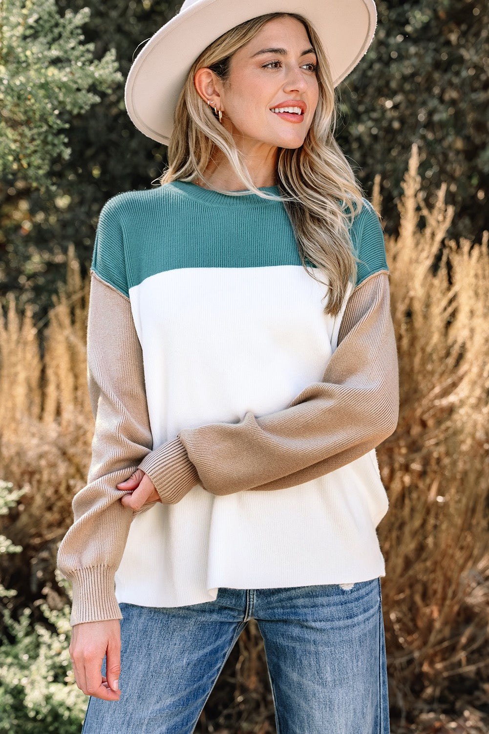 Colorblock Ribbed Knit Sweater – Green Mix