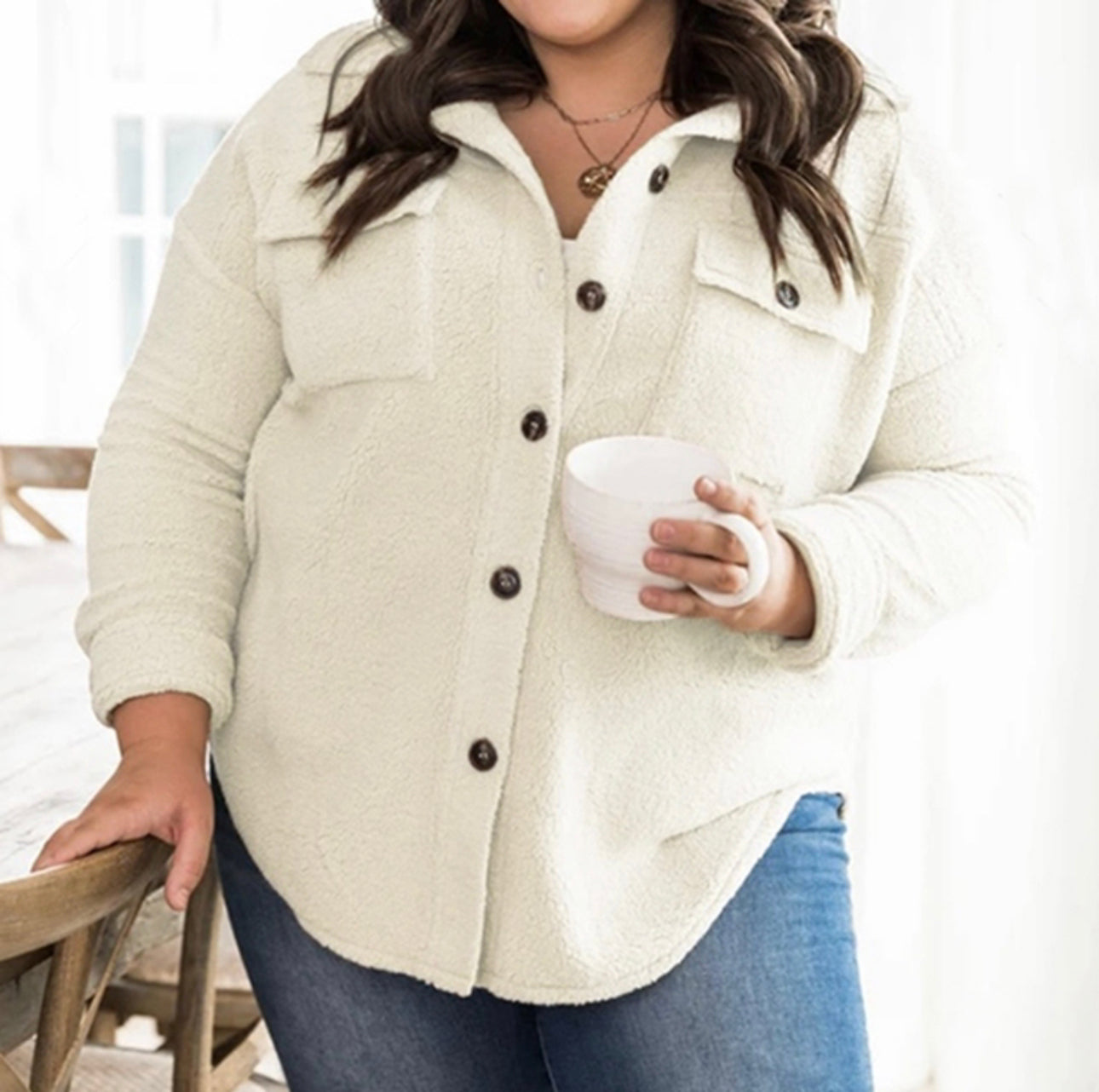 Button Down Dropped Shoulder Fleece Shacket