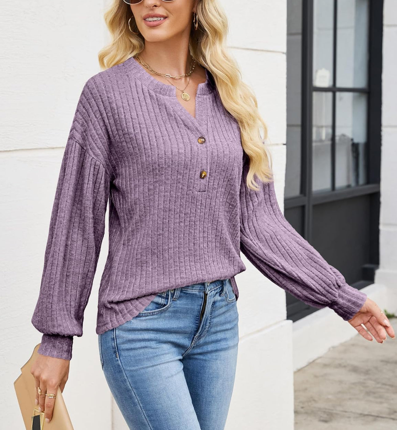Lavender Ribbed Button Detail Top