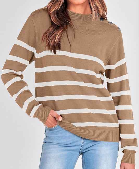 Cozy Striped shoulder button sweater