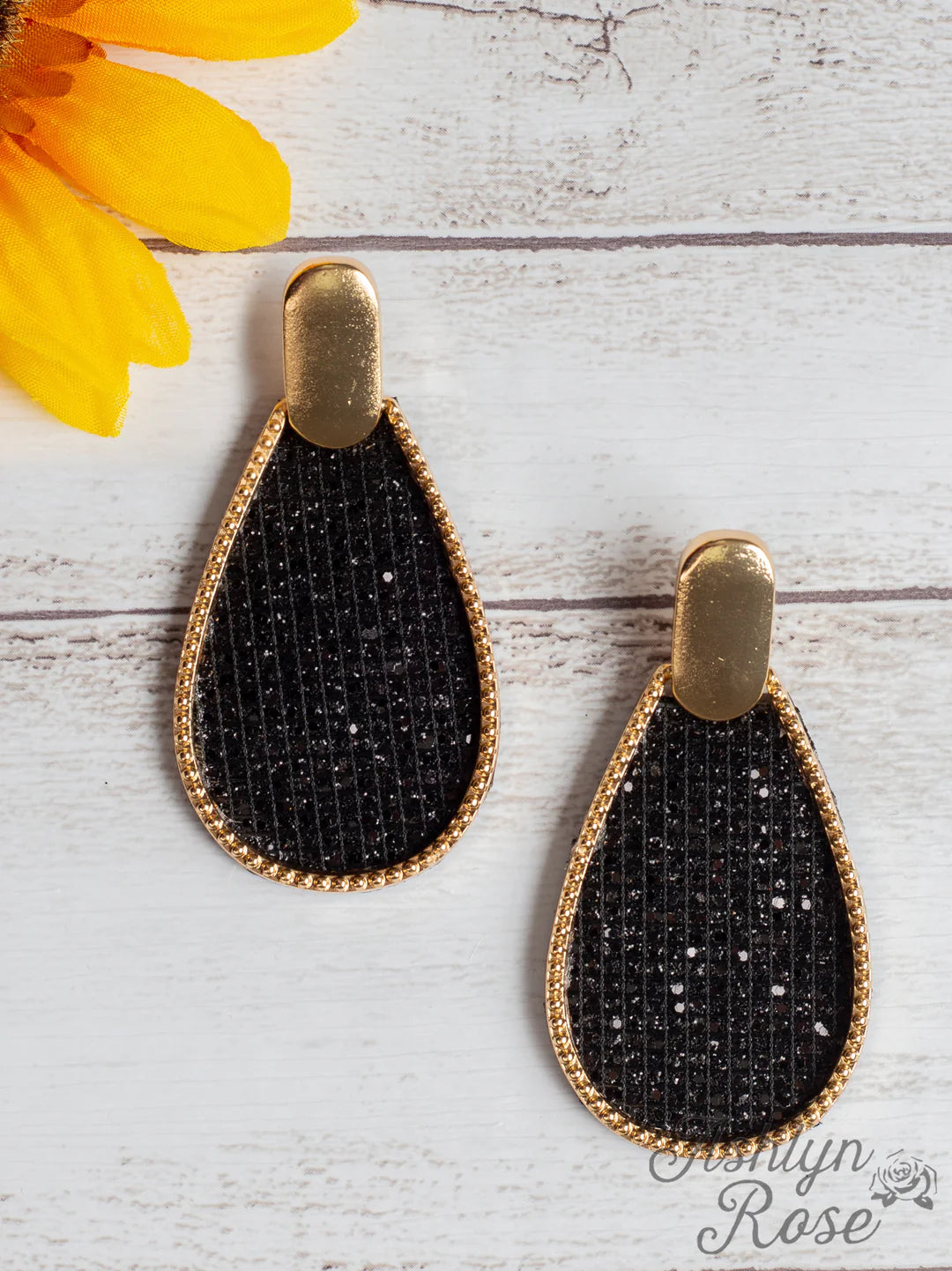 LIKE A LADY TEARDROP EARRINGS WITH GOLD STUD, BLACK