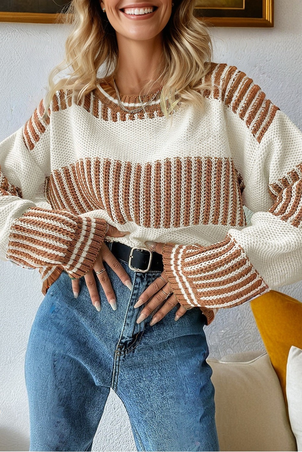 Two-Tone Striped Knit Sweater – Khaki