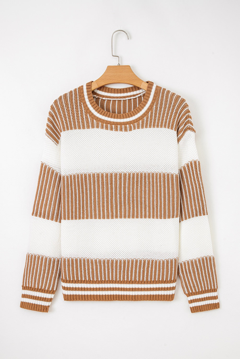 Two-Tone Striped Knit Sweater – Khaki