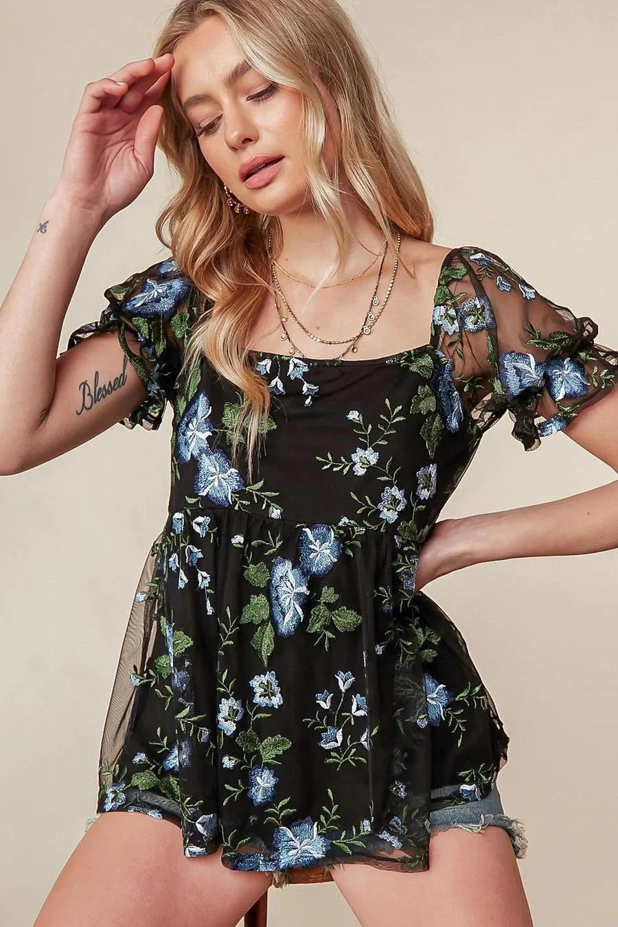 Black Floral Embroidered Babydoll Boho Blouse