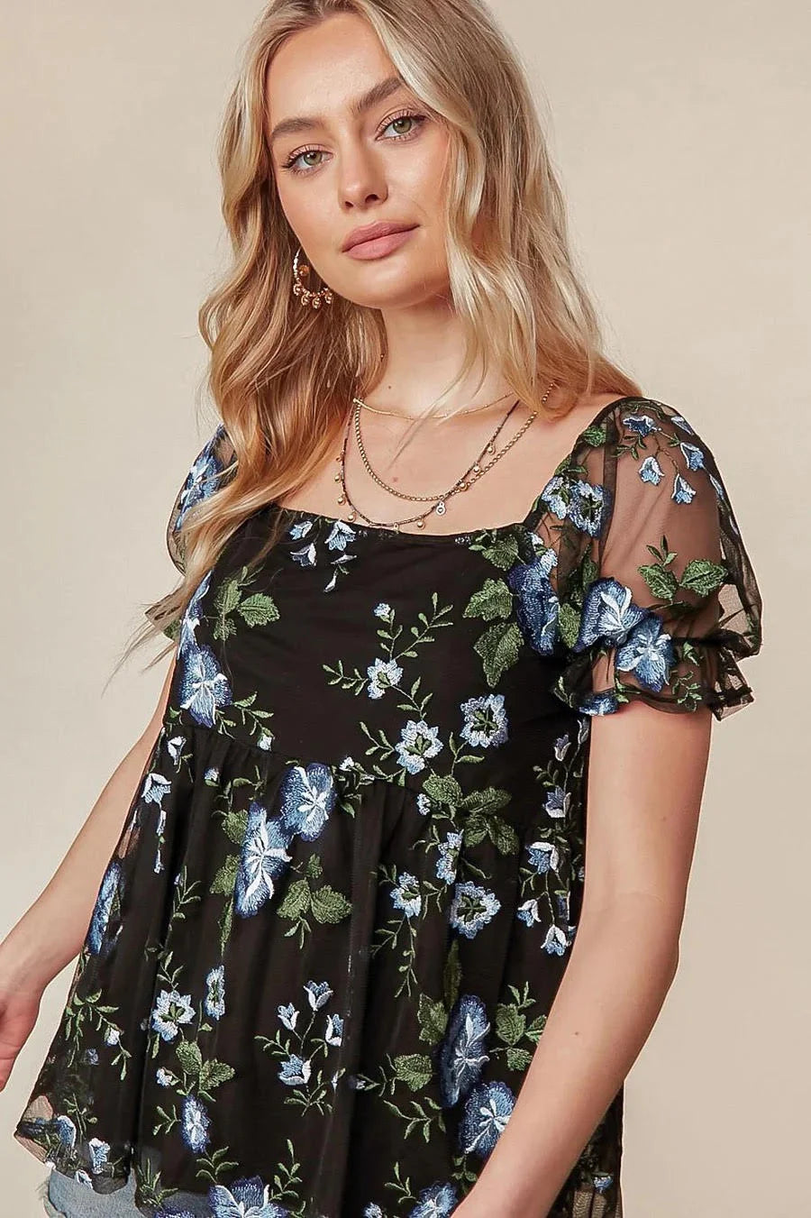 Black Floral Embroidered Babydoll Boho Blouse