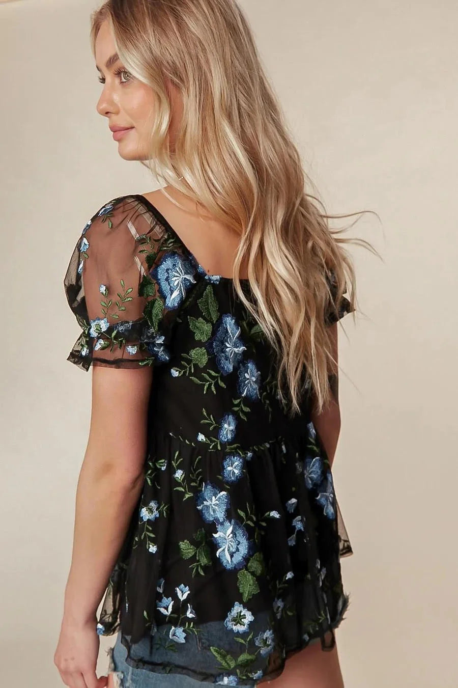 Black Floral Embroidered Babydoll Boho Blouse