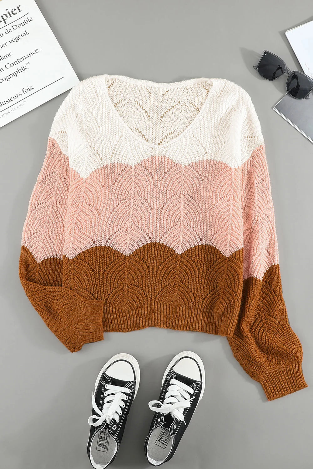 Colorblock Pointelle Knit Sweater