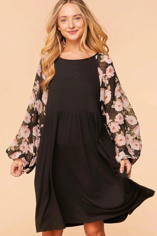 Floral Sleeve Butter Soft Fit & Flare Dress with Pockets – Black