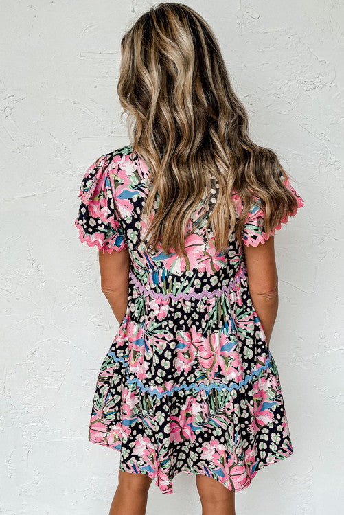 Pink Floral Ricrac Embellished Tiered Dress