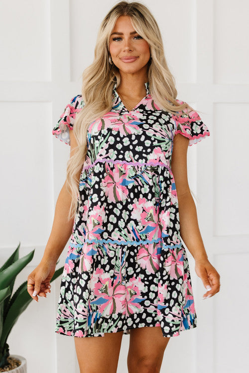 Pink Floral Ricrac Embellished Tiered Dress