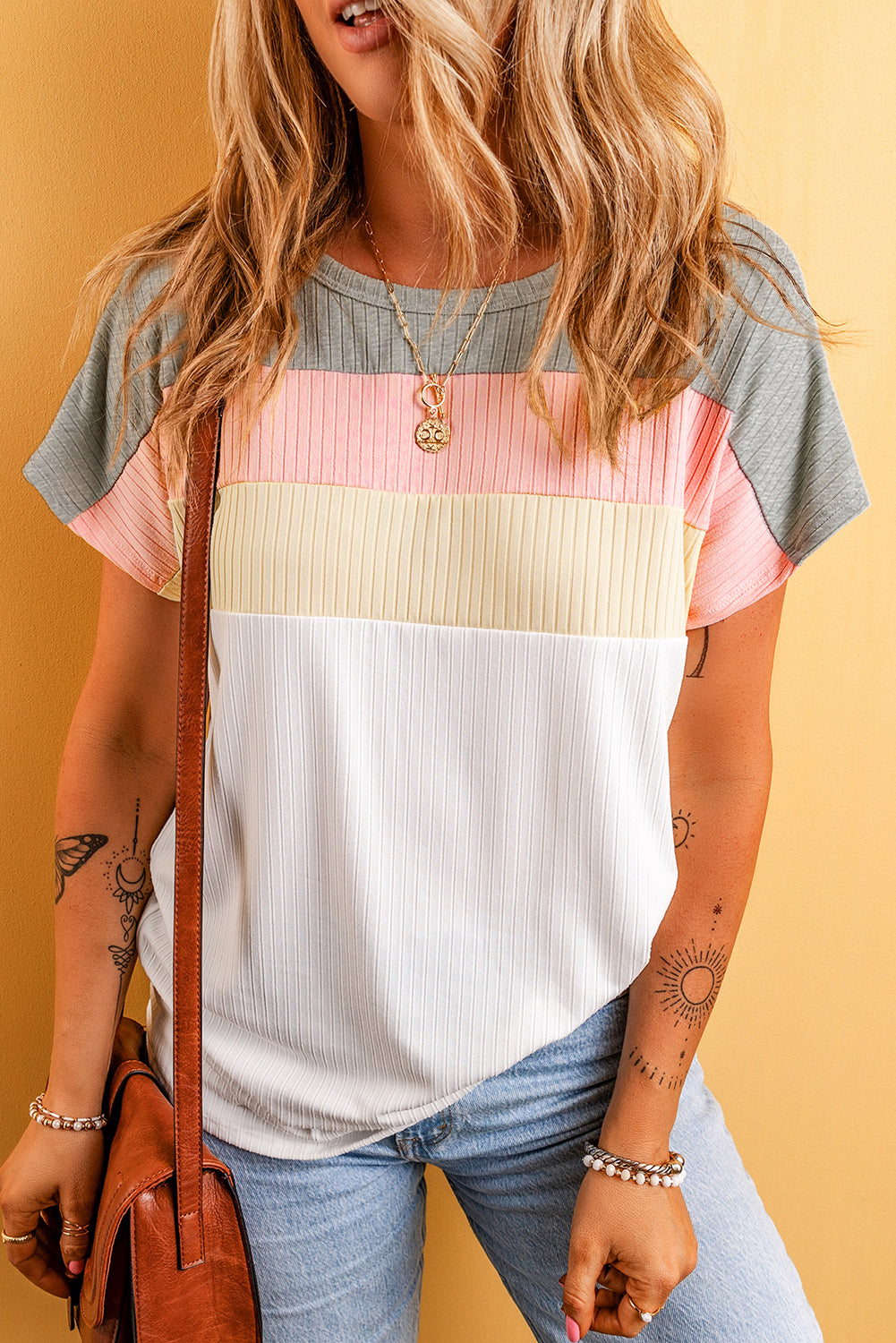 White Ribbed Color Block Shirt