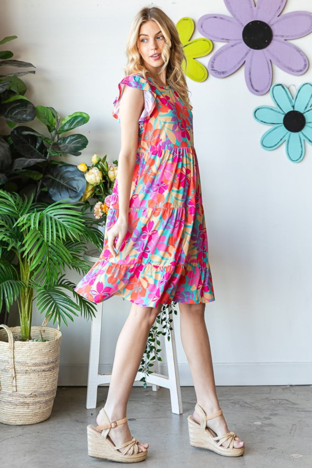 Pre-Order: Heimish Full Size Floral Cap Sleeve Tiered Dress