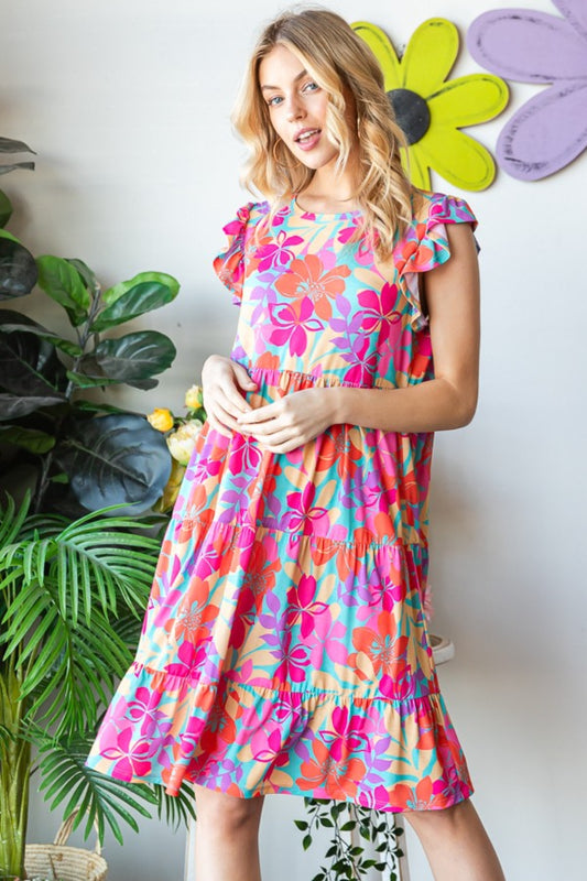 Pre-Order: Heimish Full Size Floral Cap Sleeve Tiered Dress