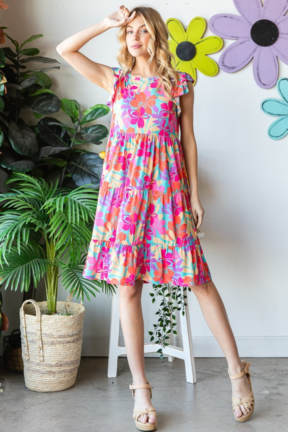 Pre-Order: Heimish Full Size Floral Cap Sleeve Tiered Dress