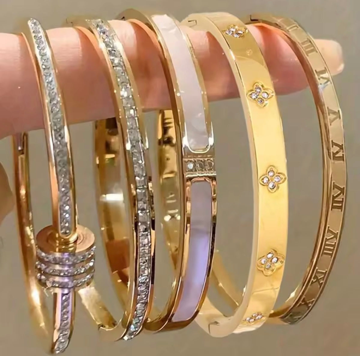White and gold designer-inspired stainless steel bracelet stack